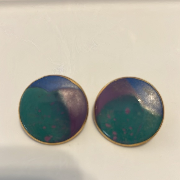 Vintage Earrings green purple blue gold trim - Picture 1 of 6